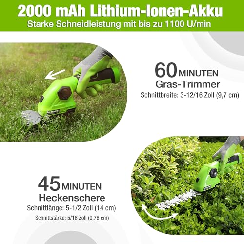 WORKPRO Akku Gras- und Strauchschere, kabellose handliche Grasscheren 7,2V, 2000mAh, 2 Verschiedene Messer, Schnittbreite 9,7cm, Schnittlänge 14cm, mit Akku und Ladekabel 5