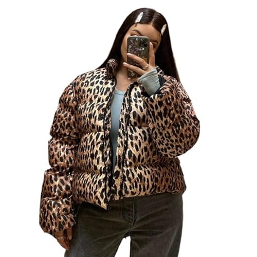 LAPUNIOT Womens Leopard Jacket Quilted Lightweight Jackets Zip Up Short Puffer Jacket Winter Warm Cheetah Print Coat (Brown,S)