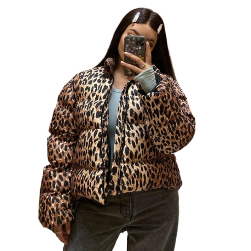 Womens Leopard Jacket Quilted Lightweight Jackets Zip Up Short Puffer Jacket Winter Warm Cheetah Print Coat