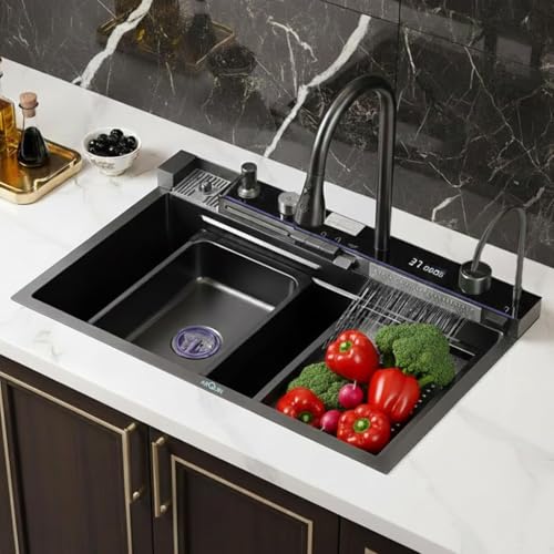 Image of ARQUIN ARQUIN Kitchen Sink 30 inchx18 inchx9 inch Inch Piano Kitchen Sink Multifuctional LED Pannel & Digital Display Premium Heavy Stainless Steel Black Finish with Integrated & Pull Down Faucet