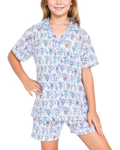 HMPEAIIY Cute Monkey Pajamas Set Summer 2 Piece Button Down Matching Y2k Loungewear PJs for Christmas Thanksgiving Birthday Gift(Light Blue 10-11 Years)