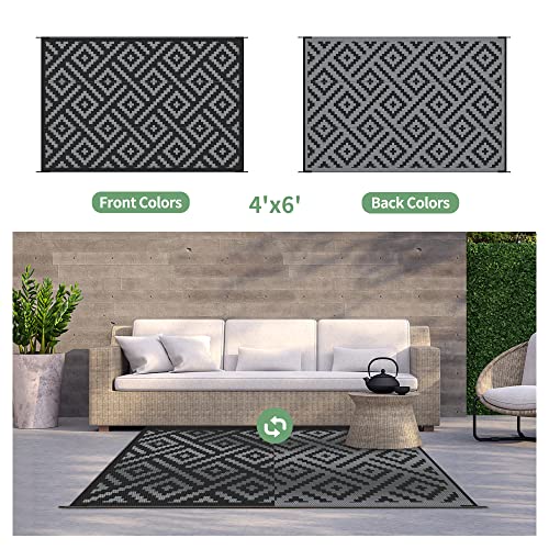 Image of GENIMO Outdoor Rug 4x6 Waterproof, Reversible Mats, Outdoor Area Rug, Plastic Outside Carpet, Eeometric Rv Mat for Patio Camping Rv Picnic Backyard Deck Balcony Porch Beach (Black & Grey)