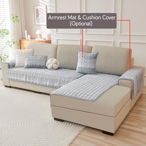 Image of HOKIPO Bellelace Velvet Sofa Cover L Shape 6 Seater Mat, 3+3, Pearl White