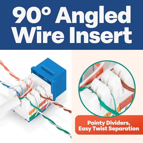 Image of Everest 90 Degree RJ45 Cat5e Keystone Jacks Slim Profile 20-Pack Blue | Compatible with 90 Angled Speed Termination Tool - easyJACK (B094WB91H3)