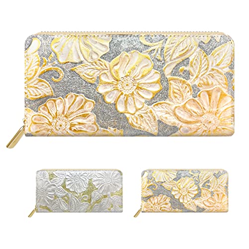 [leo&aoi] 長財布 本革 ラウンド型 財布 ラウンドファスナー サイフ さいふ ウォレット ロングウォレット 小銭入れ 革 牛革 花柄 型押し レザー レトロ ラメフラワー シルバーのサムネイル