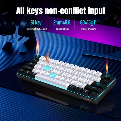 Image of Snpurdiri 60% Wired Mechanical Gaming Keyboard (Black-White, Blue Switches) | Ice Blue LED Backlit 61 Keys Mini Wired Office Keyboard for Windows Laptop PC Mac