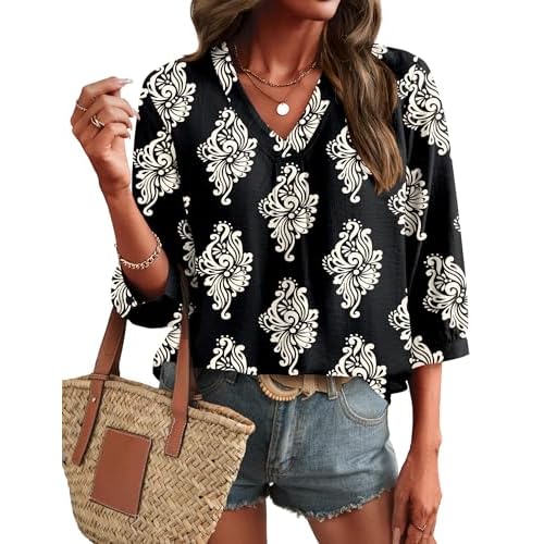 LOMON Womens 3/4 Sleeve V Neck Boho Peasant Blouses Dressy Casual Breathable Soft Tunic Tops with Button Cuffs