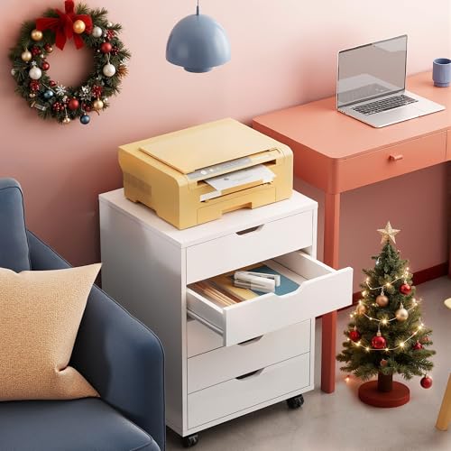 Image of DEVAISE 5-Drawer Filing Cabinet Under Desk, Wood Storage file Cabinet with Wheels, White
