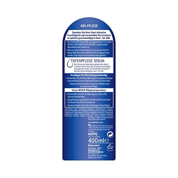 NIVEA Reichhaltige Body Milk (400 ml), intensiv pflegende Körpercreme mit Mandelöl natürlichen Ursprungs, Lotion mit… – Bild 3