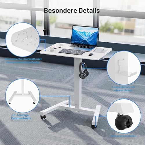 BONTEC 65×45cm Stehpult Höhenverstellbarer Stehtisch mit 4 Rollen, Steh-Sitz Schreibtisch mit Rädern, Überbett-Tisch für Wohnzimmer, laptoptisch höhenverstellbar, Max 15KG, Weiß