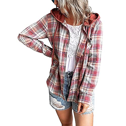 TANGHUAN Chemise en flanelle à carreaux pour femmes, veste à capuche à carreaux, chemise en flanelle à capuche, haut chemisier boutonné décontracté, S-2XL