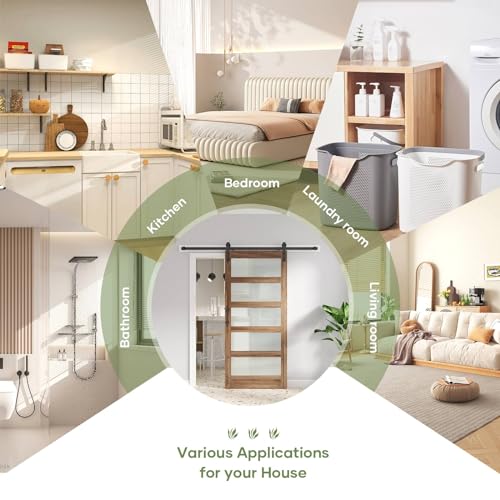 FREDBECK 36 x 84 inch Glass Barn Door with 6.6FT Barn Door Hardware Kit & Handle Included,5-Panel Frosted Glass, Water-Proof Surface,Pre-Drilled Holes,Need Assembly