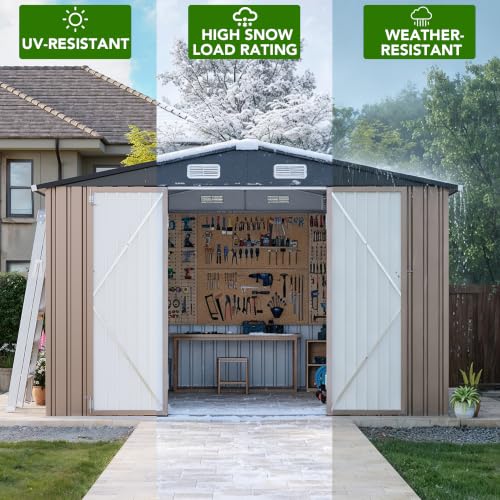MXV 12 x 10FT Outdoor Storage Shed, Metal Garden Shed with Windows, Double Lockable Doors & Sloped Roof, Waterproof Tool Sheds for Backyard Garden Patio Lawn, Brown - Image 3