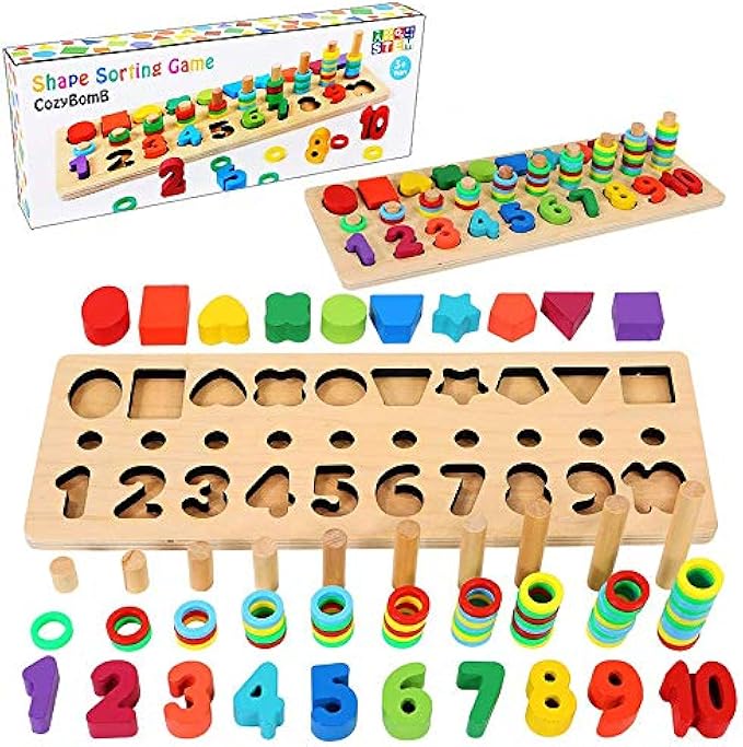CozyBomb Wooden Number Puzzle Sorting Montessori Toys for Toddlers - Shape Sorter Counting Game for Age 3 4 5 Year olds Kids - Preschool Education Math Stacking Block Learning Wood Chunky Jigsaw