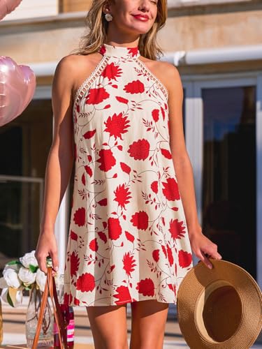 Image of CUPSHE Women Lace Trim Summer Dress Halter High Neck with Tie Backless A Line Lining Casual Sundress Holiday Mini Dress