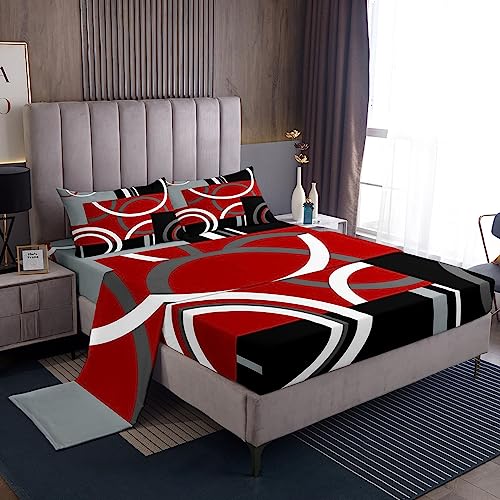 Kids Red and Black Sheet Set King Size Geometry Circle Bed Sheets Set for Boys Girls Teens Bedroom Geometric Square Sheets with Deep Pocket Fitted Sheet Modern Art Red Bedding Set With 2 Pillow Cases