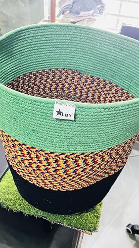 Image of ☆LBY ute Cotton Basket, Handcrafted Woven Storage Planter Basket for Home Decor, Multi-Purpose Bag with Handle for Living Room Bathroom Laundry & Toys cat shape (green 13.8 x 17.8 inch)