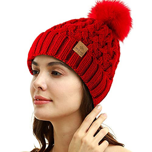 Page One Womens Winter Ribbed Beanie Crossed Cap Chunky Cable Knit Pompom Soft Warm Hat Red #TOP1