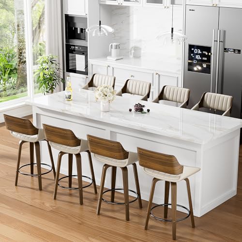 Image of YaFiti Bar Stools Set of 8, 26 inch Swivel Counter Height Barstools with Bentwood Back and Legs, Mid Century Modern Upholstered Faux Leather Counter Stools for Kitchen Island, Dining Room, Cream White