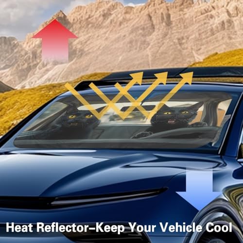 Image of Funny Black Cat Car Interior Accessories Sun Protection Easy to Install Automotive Windshield Sunshades Keep Cool UV Rays Protection for Most Sedan Truck Van