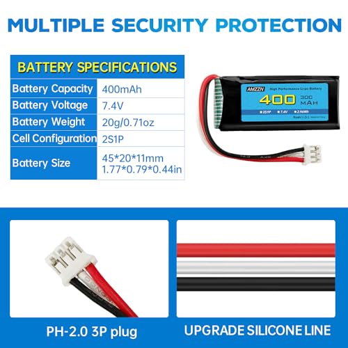 AMZZN 2PCS 7.4V 2S 400mAh 30C Li-po Battery with PH-2.0 3P Plug Suitable for UMX 2S Aircraft, Fixed Wing Drone Quadcopter and Glider Backup Batteries - Image 3