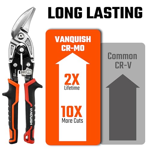 VANQUISH 10 Inch Left-Cut Offset Aviation Tin Snips, CR-MO Heavy Duty Sheet Metal Cutter Shear with Safety Lock Tinner Shears, Drop Forged Blades 10X More Cuts, 3038 by Vanquish - Image 4