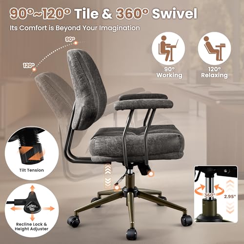 Image of ovios Ergonomic Office Chair, Mid Back Faux Leather Executive Chairs with Thick Cushion, Comfy Mid-Century Modern Swivel Rolling Computer Armchair (Dark Grey, Suede Leather)