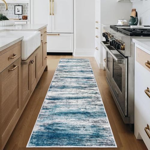 KOZYFLY Modern Abstract Hallway Runner Rug, 2.6x8 Washable Rug Runner Non-Slip Soft Striped Kitchen Runner Rugs, Print Distressed Light Blue Carpet Runner for Entryway Bathroom Laundry Room Foyer