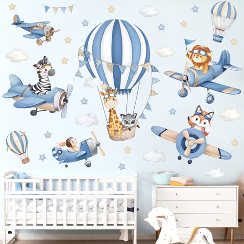 decalmile Stickers Muraux Enfants Montgolfière Bleu Autocollant Mural Animaux Avion Girafe Lion...