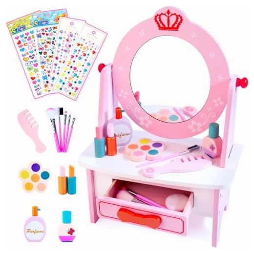 Wooden Vanity Set for Kids, Pretend Play Toddler Makeup Vanity Table Toys with 360° Rotatable Mirror, Beauty Salon Set Includes Makeup Accessories & Bonus Stickers, Little Girls Gift Age 3+