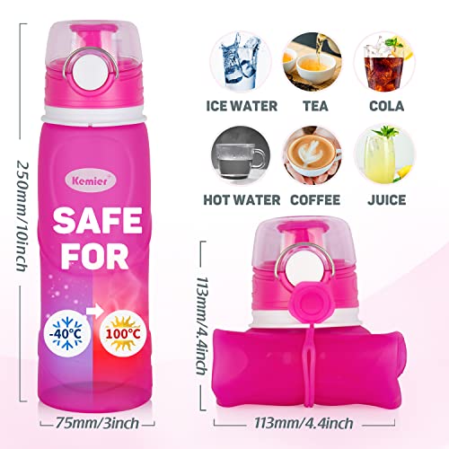 Kemier kollabierbare Silikon-Wasserflaschen-750ML, Medizinische Qualität, BPA-Frei, FDA-Zugelassen, Aufrollen, 26oz, auslaufsicher, Faltbar Sport & Outdoor-Wasserflaschen (Rosa)