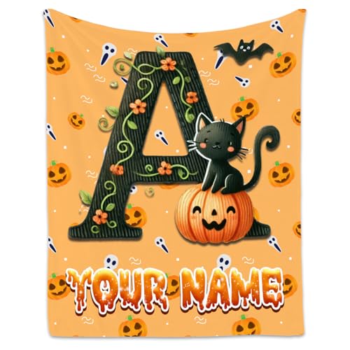 Halloween Blanket - Personalized Cat Initial Gifts for Kids - Custom Flannel Cozy Pumpkin Blankets for Halloween Decor