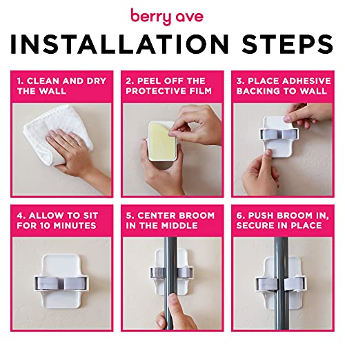 Image of Combo 5 Slot Broom Holder w / 1 Self Adhesive Mop Gripper No-Drilling, Wall Mount Tool Organizers For Kitchen, Garage, Laundry Room- Anti-Slip Hanger For Brooms, Mops, Rakes, Dustpans (Grey / White)
