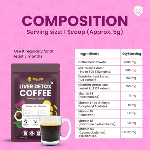 Image of Healeo Liver Detox Coffee Powder 75g | Herbal Cleanser with Milk Thistle, Dandelion Root, Kutaki & Vitamins | Supports Fatty Liver Reversal, Detox & Liver Health