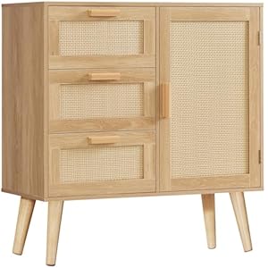 Iwell Storage Cabinet with 3 Drawers, Rattan Cabinet with Adjustable Shelf, Small Storage Cabinets, for Living Room, Entryway, Natural