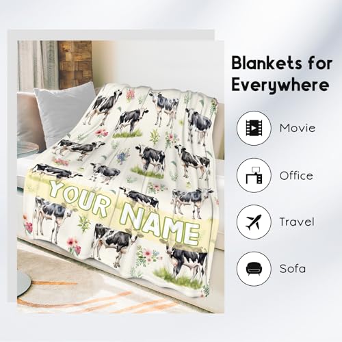 Custom Cow Blanket for Boys, Cozy Soft Throw Gifts, Cute Yellow Flannel Throw Blankets for Couch Office, 50x60 Inches