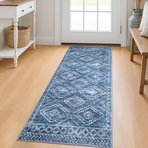KILOCOCO Runner Rug 2x5 Hallway Runner Rugs Washable Kitchen Runners Non Slip Printed Distressed Laundry Room Rug, Low-Pile Soft Rug Runners for Entryway Bedroom Living Room Bathroom, Stonewashed Blue