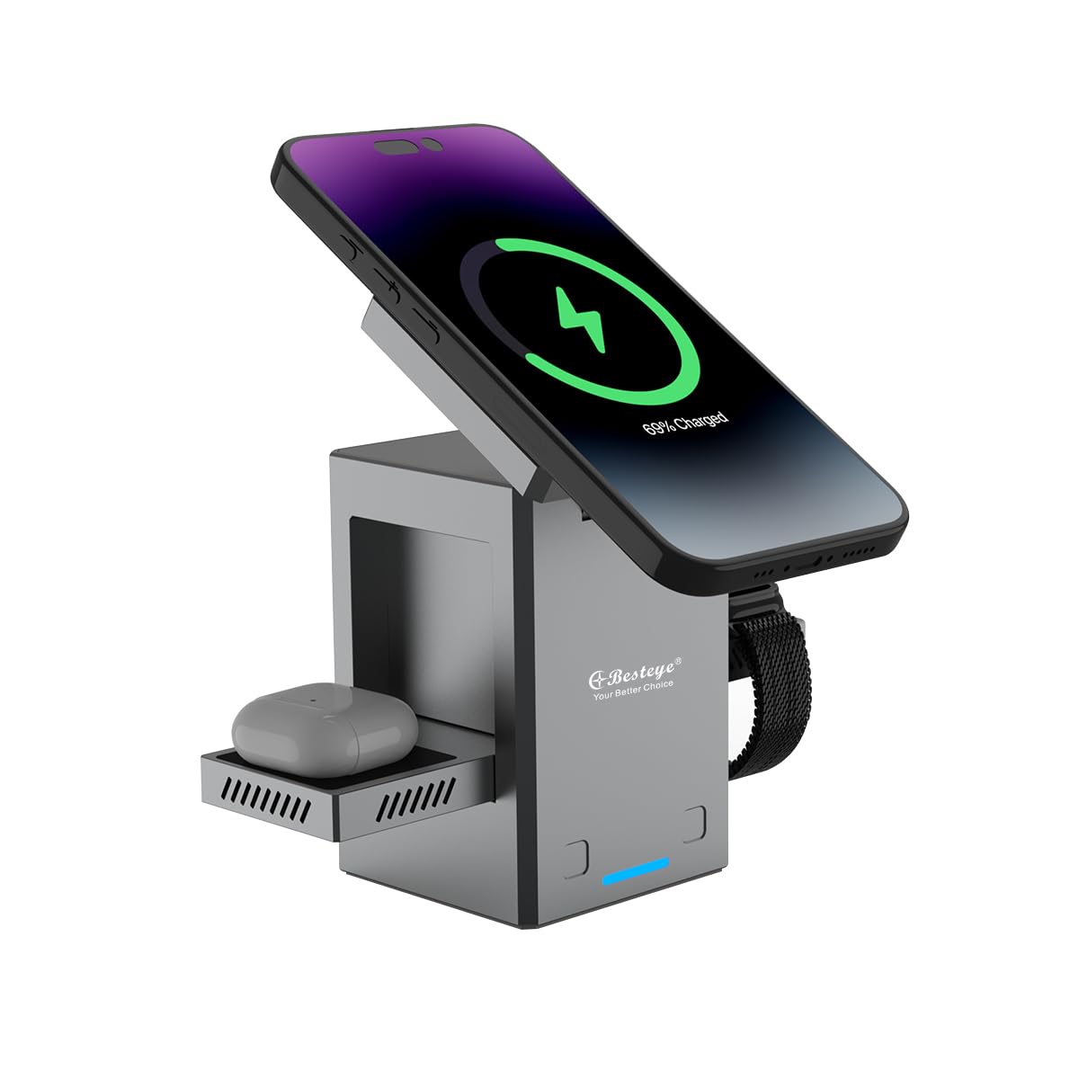 Qi2 Certified 3in1 Wireless Charger 23W Touch to Unfold Charging Stand for iPhone 16/16 Plus/16 Pro/16 Pro Max, iPhone 15/14/13/12 Series, AirPods 2/3/Pro Series 9/4/SE– Grey