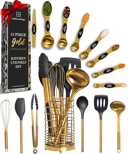 Styled Settings Black and Gold Kitchen Utensils Set – 15-Piece Cooking Set Includes Black Silicone Utensils, Gold Utensil Holder, and Magnetic Measuring Spoons – Stylish Kitchen Accessories