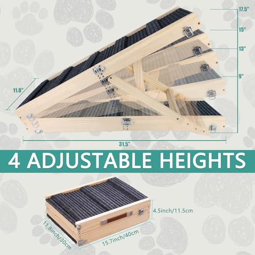 Umtiti Haustierrampe aus Holz, zusammenklappbar, tragbar, 4 Stufen, verstellbar, 22,9 cm bis 43,9 cm, mit Rutschfester 5 Pfoten-Traktionsmatte für kleine, mittelgroße Hunde.Dog Ramps-GY,DE