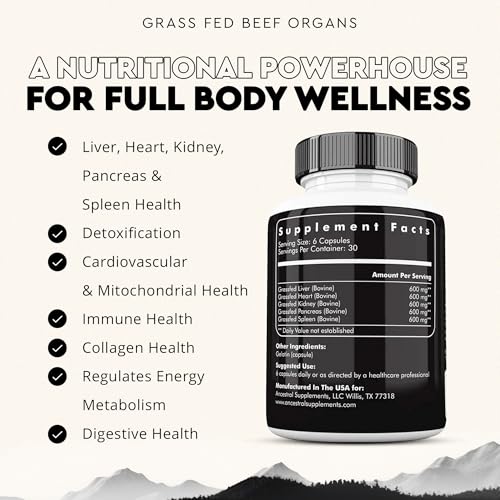 Image of Ancestral Supplements Grass Fed Beef Organ Supplement, Supports Whole Body Wellness with Proprietary Blend of Liver, Heart, Kidney, Pancreas, Spleen, Freeze-Dried Beef, Non-GMO, 180 Capsules