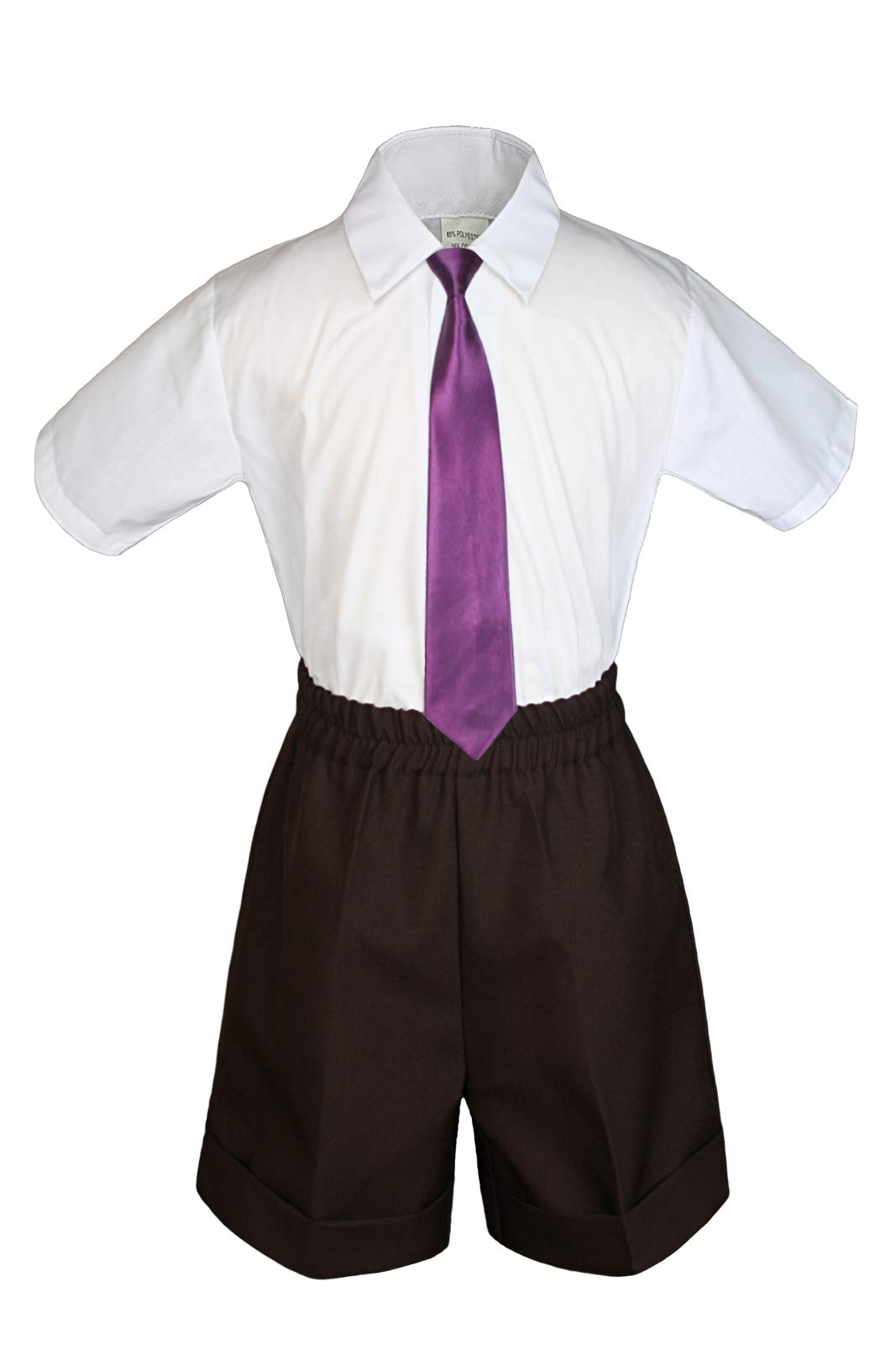 MILLTEX 3 Pieces Set Formal Party Wedding Color Satin Necktie Shirt Brown Shorts Set New Born Baby Boy Toddler Sm-4T (M (6-12 Months Old), Eggplant)