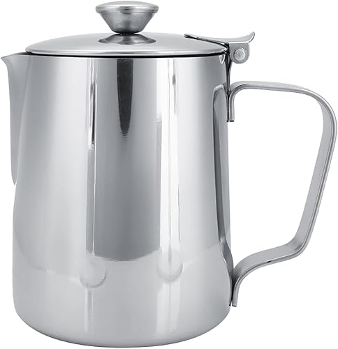 Miniatura 5 de Taza de café de acero inoxidable, jarra de espuma de leche con tapa para café con leche, arte para oficina y cocina (11.8 fl oz)
