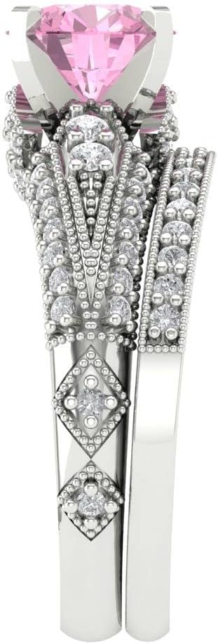 Clara Pucci 2.20 ct Round Cut Solitaire Genuine Pink Simulated Diamond Art Deco Statement Wedding Ring Band set 18K White Solid Gold