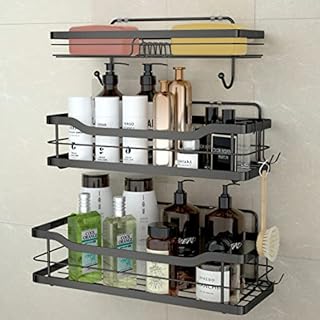 stusgo Shower Shelf Adhesive Shower Organizer, No Drilling Bathroom Shower Storage, Wall Mount Shower Caddies with 4 Hooks, Shower Shampoo Holder, 3 Pack