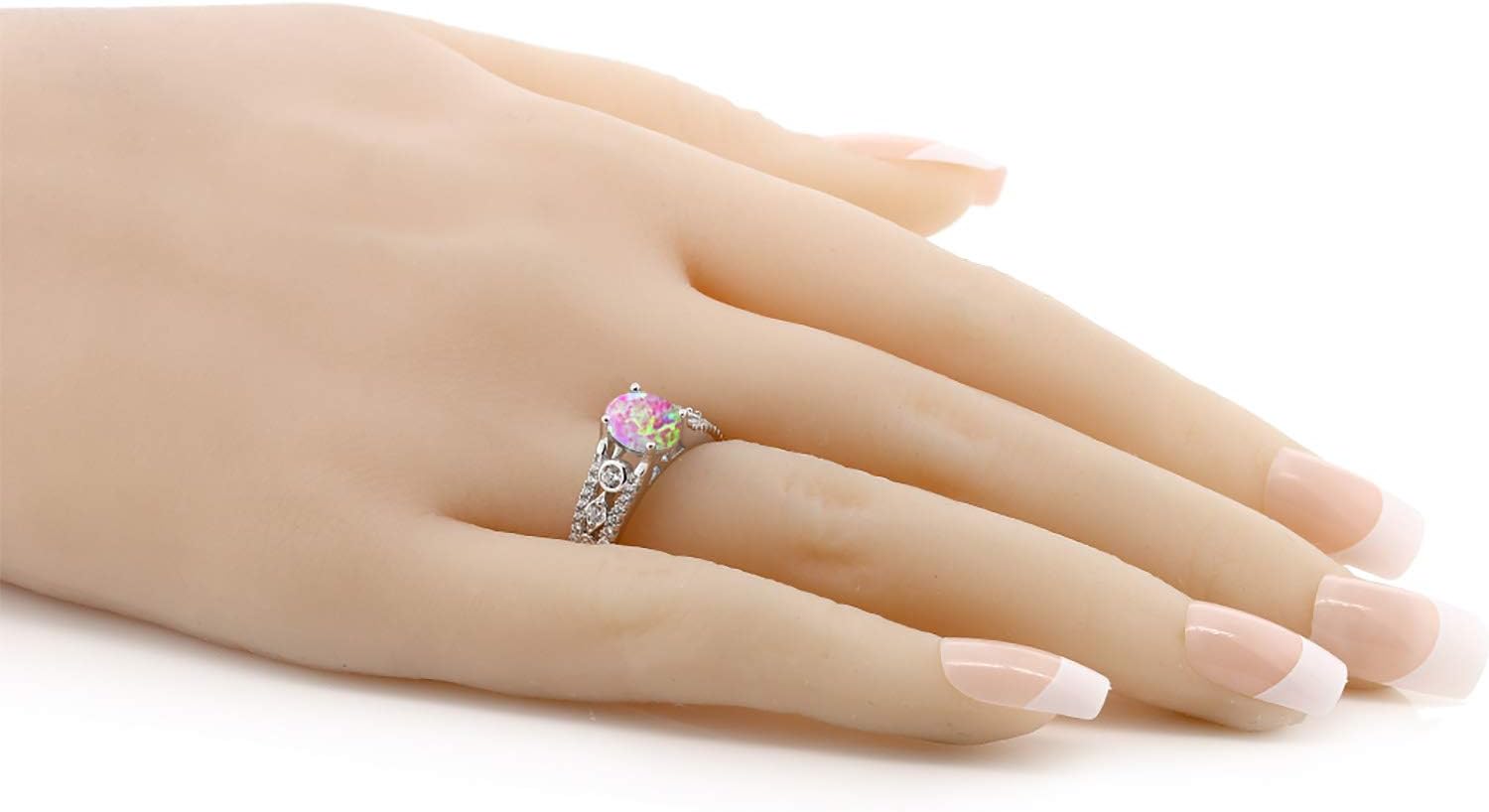 Gem Stone King 925 Sterling Silver Simulated Pink Opal and White Zirconia Engagement Ring For Women | 1.61 Cttw | Oval Cabochon 8X6MM | Gemstone October Birthstone