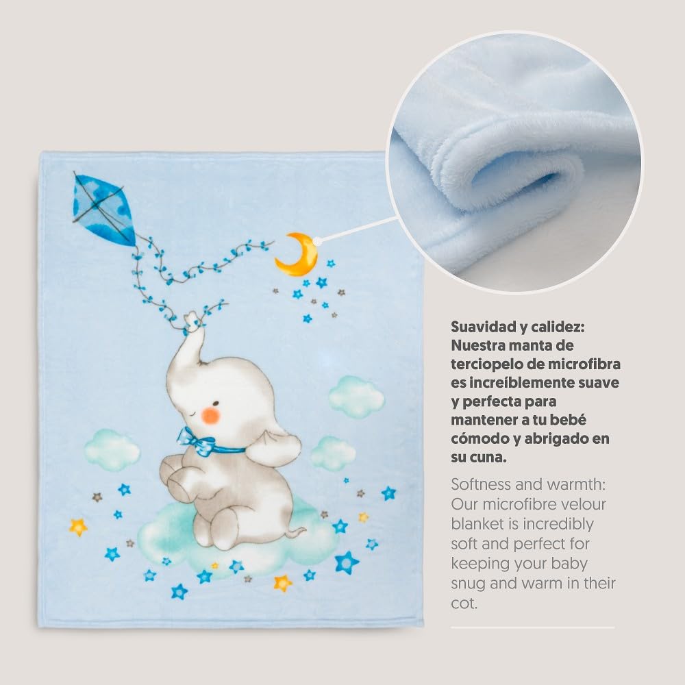 Interbaby - Manta para Cuna Bebé | Extrasuave de Sedalina Elefante Cometa, Cómoda, Cálida | Manta Bebé 110x140cm, Unisex, Para Cunas.