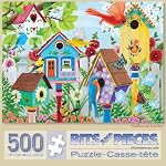 Puzzle jigsaw pour adultes Bits and Pieces - Maison des oiseaux par Kathy Bambeck – Scène colorée de fleurs de printemps et d'oiseaux, carton recyclé, pièces découpées aléatoirement (puzzle de 500 pièces)