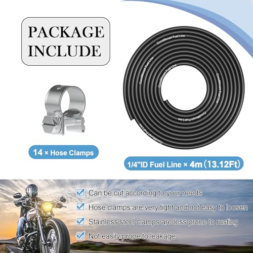 CocoMocart 13.12FT Stretchy 1/4 Inch ID Fuel Line Hose for Kawasaki Kohler Briggs & Stratton Small Gas Diesel Powersports Engines and Generators, 14 Hose Clamps