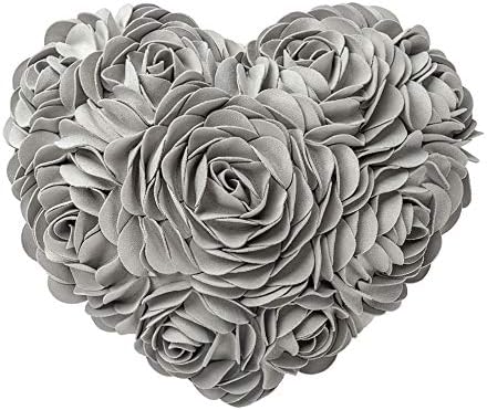 JWH 3D Flower Throw Pillow Covers Decorative Heart Shaped Cushion Valentines Day Accent Pillow Case Handmade Pillowcase Romantic for Girls Couch Bed Bedroom 14x16 Inch Light Grey
